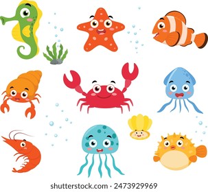 Set of cute sea life animal cartoon, ocean fish and underwater wildlife