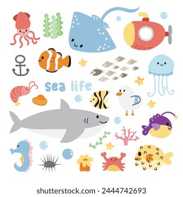 Set of cute sea life animals character cartoon design.Submarine.Shark,stingray,jellyfish,sea horse,puffer fish hand drawn collection.Marine.Under the water.Kawaii.Vector.Illustration.