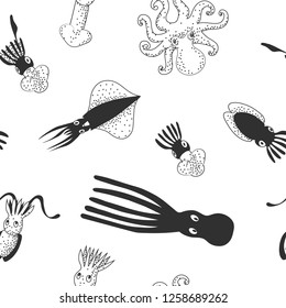 Set of cute sea monsters, cephalopods (octopus, cuttlefish, squid). Black and white vector hand drawing seamless pattern.