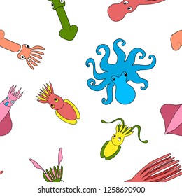 Set of cute sea monsters, cephalopods (octopus, cuttlefish, squid). Color vector hand drawing seamless pattern.
