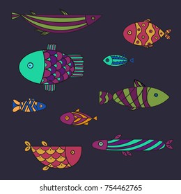 Set of cute sea and ocean fish with patterns. Collection of marine underwater life residents. School of aquarium fish. Rich colors doodle zentagle style vector illustration