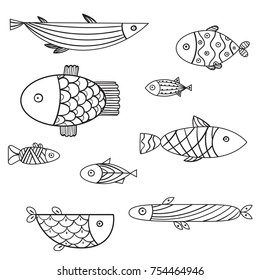 Set of cute sea and ocean fish with patterns. Collection of marine underwater life residents. School of aquarium fish. Black and white doodle zentagle style vector. Hand drawn illustration