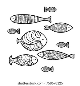 Set of cute sea and ocean fish with patterns. Marine underwater or aquarium life. School of fishes. Black and white vector. Hand drawn illustration