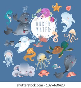 The set of cute sea, ocean, underwater animals - whale, dolphin, octopus, jellyfish, crab, fish, starfish and turtle