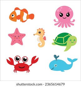 Set of cute sea and ocean underwater animals, Collection of cartoon sea creatures, Fishes, mammal, shark, octopus, crab, starfish, Vector illustration