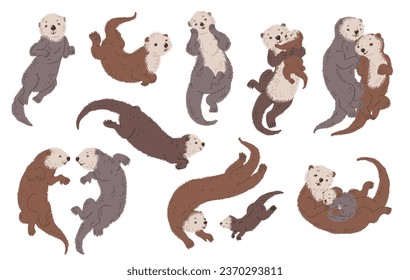 Conjunto de lindos animales de nutria marina, dibujos animados de ilustraciones planas vectoriales aisladas en fondo blanco. Mamíferos marinos en diferentes poses. Curiosas criaturas acuáticas abrazándose y nadando juntas.