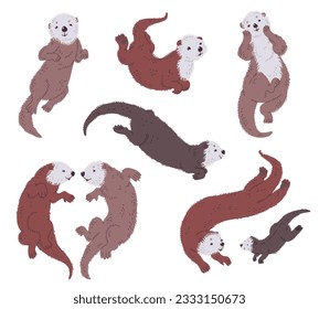 Set of cute sea otters in different poses flat style, vector illustration isolated on white background. Decorative design elements collection, funny smiling water animals with long tails, wildlife