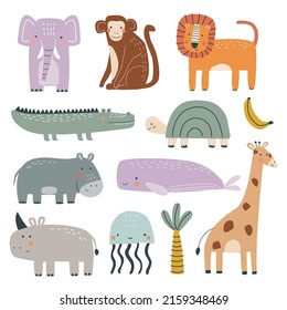 Set with cute sea and safari animals giraffe, crocodile, elephant, lion, monkey, rhinoceros, hippo, turtle and jellyfish. Vector illustration for printing. Cute children's background