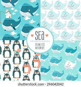 Conjunto de adorables patrones marinos sin fisuras para el diseño de los niños, papel pintado, envoltura, diseño de paquetes.  Grupo de personajes graciosos: oso polar blanco, medusas sonrientes, ballenas lindas.