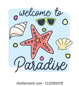 Set of cute sea shell, sun glasses and sea star. Fun summer holidays cards. Hello summer hand drawn style vector illustration