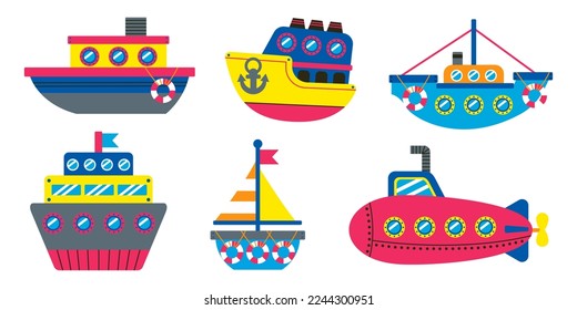 Set of cute sea transport. Cruise yacht, sailing vessel, sailboat, submarine, fishing boat, steamboat. Kids marine water transport. Childish ocean ship, baby nautical trawler. Cartoon vector.