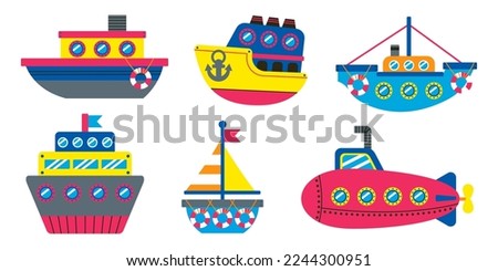 Set of cute sea transport. Cruise yacht, sailing vessel, sailboat, submarine, fishing boat, steamboat. Kids marine water transport. Childish ocean ship, baby nautical trawler. Cartoon vector.