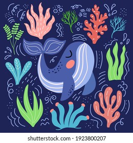 Set cute sea whale  seaweed   coral in vector graphics blue background  For the design covers  prints  wrapping paper  wallpaper  bags 