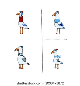 Set Cute Seagull in a flat style. Vector sea bird illustration.  For children. Notebooks, cards, labels, diaries, accessories-school, stickers, t-shirts, banners, tags 