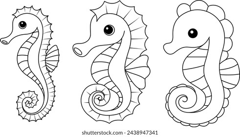 Set of cute seahorses coloring page for kids