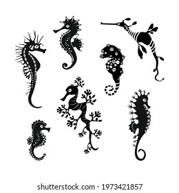 Set cute seahorses icons. Black seahorses with different silhouette on white background. For festive card, logo, children, pattern, tattoo, decorative, creative concept. Vector illustration