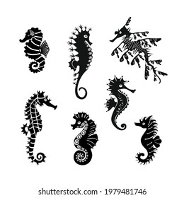 Set cute seahorses icons. Black seahorses with different silhouette on white background. For festive card, logo, children, pattern, tattoo, decorative, creative concept. Vector illustration