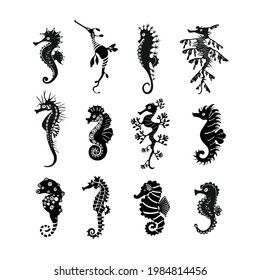 Set cute seahorses icons. Black seahorses with different silhouette on white background. For festive card, logo, children, pattern, tattoo, decorative, creative concept. Vector illustration