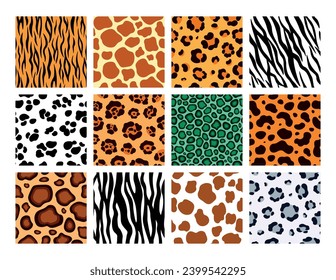 Set of cute seamless animal prints in cartoon style. Vector illustration of different prints: zebra, cheetah, leopard, panther, snow leopard, snake, cow, dalmatian isolated on white background.