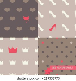 set of cute seamless backgrounds with one unusual element, vector illustration