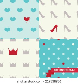 set of cute seamless backgrounds with one unusual element, vector illustration