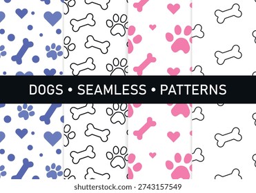 Set of cute seamless dog patterns with paw prints, bones and hearts. Playful pet backgrounds