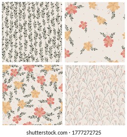 set of cute seamless floral patterns on beige background. Good for textile prints, wrapping paper, scrapbooking, stationary, wallpaper, etc. EPS 10