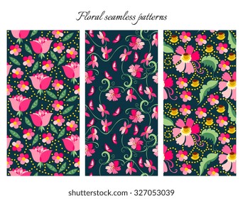 Set of cute seamless floral patterns. Pink flowers on dark blue background. Vector illustration. May be used for design fabric, wrapping paper, covers, backgrounds.