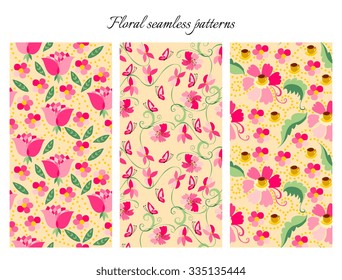 Set of cute seamless floral patterns. Vintage backgrounds with pink flowers. Vector illustration. May be used for design fabric, wrapping paper, covers, wallpapers, textiles, textures. 
