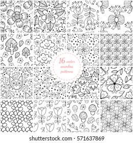 Set of cute seamless hand drawn flower and leaves patterns. Scrapbook paper collection.  Elegant beautiful nature ornament for fabric, wrapping and textile.
Fashion monochrome backgrounds.