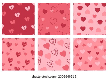 Conjunto de adorables patrones de corazón impecables en colores rosados. Gráficos vectoriales.
