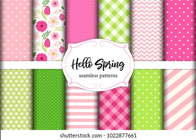 Set of cute seamless Hello Spring patterns with primitive flowers, polka dots, stripes and plaid