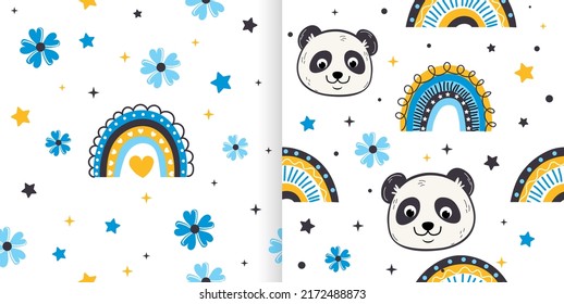 Set of cute seamless pattens. Templates with panda faces, scandinavian rainbows, blue flowers and stars. Design elements for wallpapers and prints on children clothing. Cartoon flat vector collection