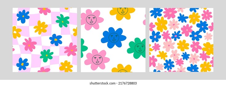 Set of cute seamless pattern with abstract colorful daisy flowers with faces and wavy psychedelic checkerboard. Vector background in 90s, 00s and kidcore style