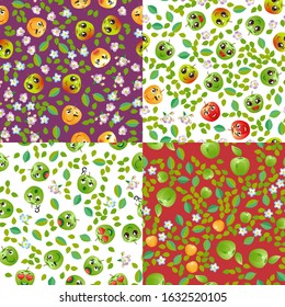Set of cute seamless pattern with cartoon emoji fruits