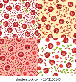 Set of cute seamless pattern with cartoon emoji fruits