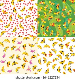 Set of cute seamless pattern with cartoon emoji fruits