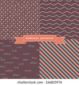 Set of cute seamless pattern with hand drawn hearts and plaid, waves, colorful stripes and word love on different language. Vector illustration