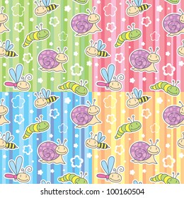 set of cute seamless pattern with insects and snails