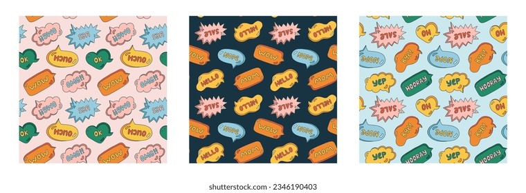 Set of cute seamless pattern with speech bubble with short messages. Backdrop with doodle chat clouds with handwritten talk phrases in different shapes. Background for design template in groovy style