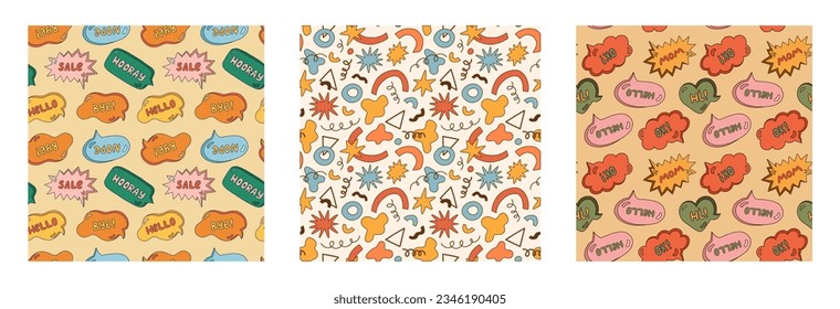 Set of cute seamless pattern with speech bubble with short messages. Backdrop with doodle chat clouds with handwritten talk phrases in different shapes. Background for design template in groovy style