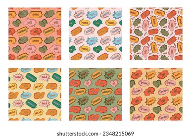 Set of cute seamless pattern with speech bubble with short messages. Backdrop with doodle chat clouds with handwritten talk phrases in different shapes. Background for design template in groovy style