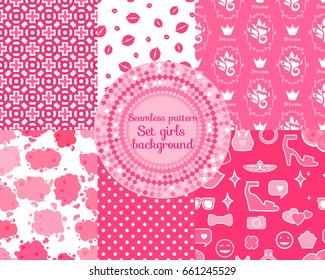 Set cute seamless pattern Style girls. Vector backgrounds square pink collection.
