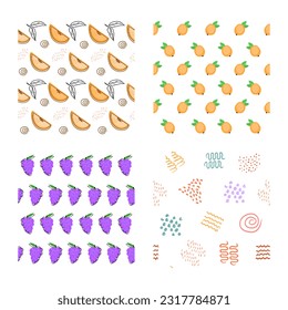 A set of cute seamless patterns with abstract flowers, fruits with simple shapes, pear, cherry, strawberry, leaves, Vector illustration.
