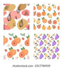 A set of cute seamless patterns with abstract flowers, fruits with simple shapes, pear, cherry, strawberry, leaves, Vector illustration.