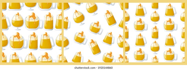Set of cute seamless patterns with butter beer glasses of different shapes. White background. Flat style illustration. - Shutterstock ID 1920144860