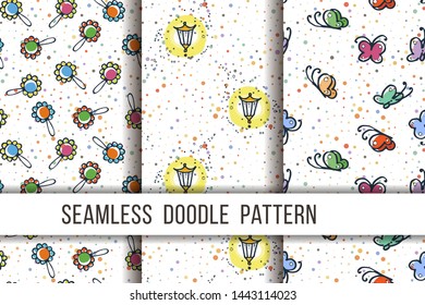 Set of cute seamless patterns. Cartoon hand drawn vector illustration. Nice for t-shirt print, kids wear fashion design, clip-art, baby shower invitation cards