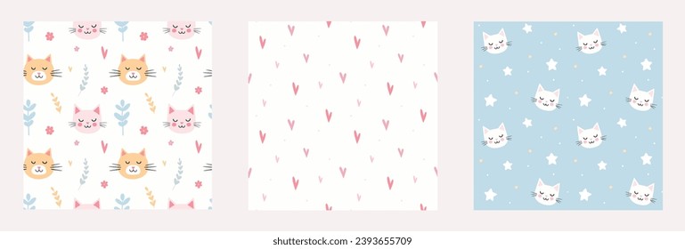 Set of cute seamless patterns with cats and hearts. Vector illustration for children's room, textile and wallpaper. Funny animals, stars and clouds.