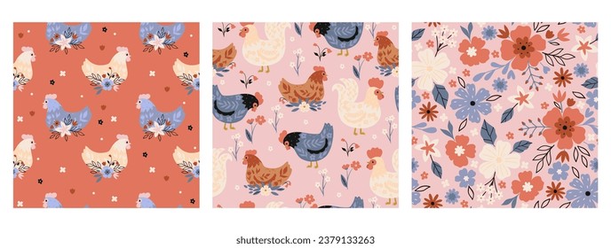 Set of cute seamless patterns with chickens and flowers. Vector graphics.