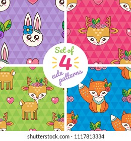 Set of cute seamless patterns. Children's ornaments. Funny cartoon Animals. A small rabbit, a deer and a fox among the flowers and hearts. Japanese style kawaii.
